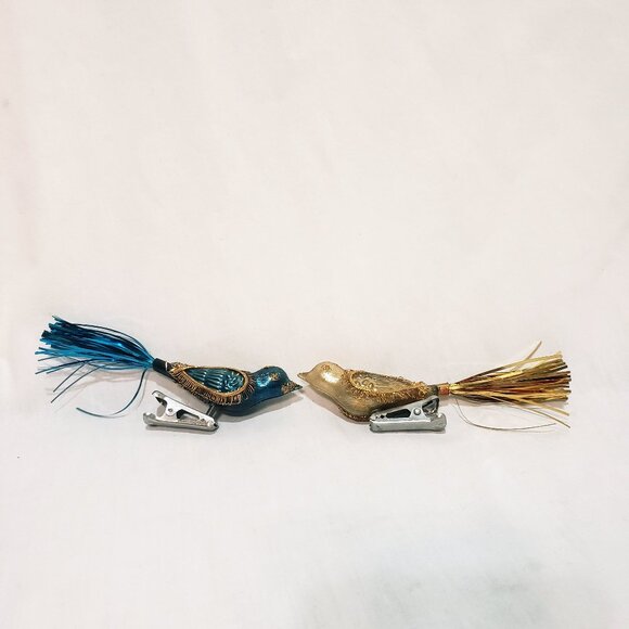 Pair Birds Clip-On Christmas Ornament 5" Vintage Plastic Tinsel Tails Gold Blue - Picture 2 of 7